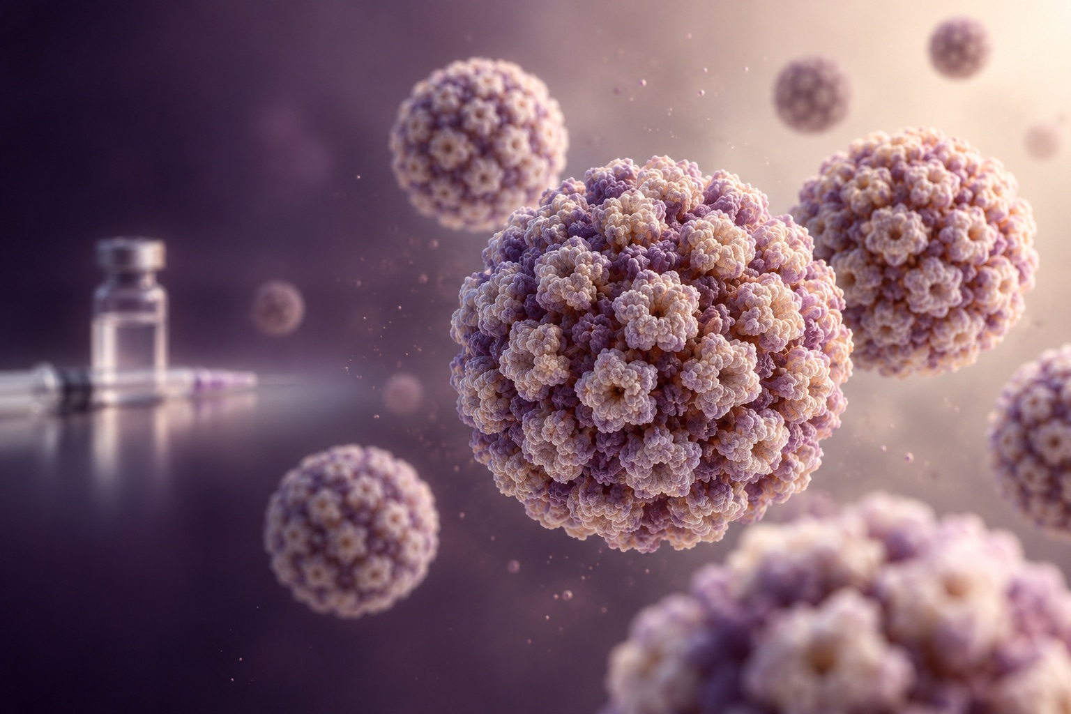 3D-модель вірусу папіломи людини на тлі флакона з вакциною